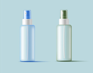 3d set of empty antiseptics, hand and body sprays. Transparent bottles with a bluish and green shade, for layout design and company advertising.