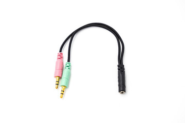 Extension cable from headphones with microphone input isolated on a white background