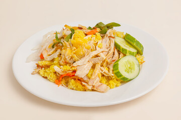 Com ga Nha Trang also know as fried chicken rice, Vietnamese food isolated on white background, close-up