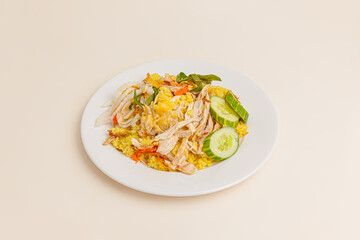 Com ga Nha Trang also know as fried chicken rice, Vietnamese food isolated on white background, perspective view