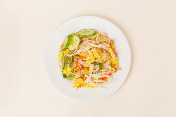Com ga Nha Trang also know as fried chicken rice, Vietnamese food isolated on white background, top view