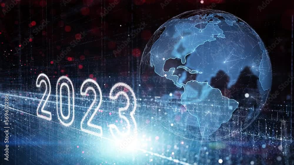 Poster conceptual digital data cyberspace technology in the year 2023. blue and red glowing network lines w