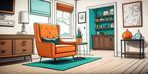 a living room with white walls and wood flooring, there is an orange chair in front of the couch. Generative AI