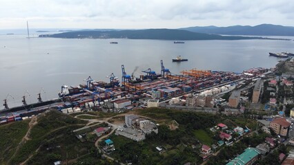 Top view. Vladivostok Commercial Sea Port. Industrial port with containers in Vladivostok.