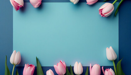 Beautiful composition tulips with frame for text. Tulips flowers on pastel blue background. Valentine's Day, Easter, Birthday, Happy Women's Day, Mother's Day. Flat lay, top view, copy space