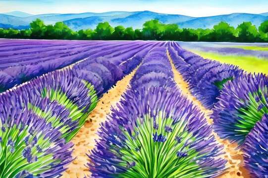 Lavender field and mountains, watercolor. AI generated.