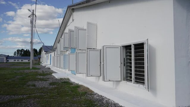 Multiple agricultural poultry farm buildings situated in the green area. Looking inside the open windows of the modern poultry farm buildings. Ventilating big poultry farm buildings. Husbandry