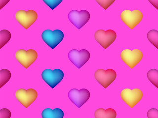Gradient hearts seamless pattern. Happy Valentines Day, 14 February. Multi Colored hearts on a pink background. Design for print, banner and poster. Vector illustration