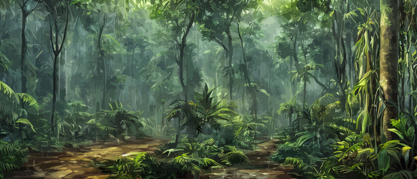Tropical vintage botanical landscape illustration, palm tree, vegetable flower border background. Exotic green jungle