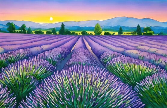 Lavender field, sunset, watercolor. AI generated.