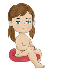 girl sitting on the floor Sticker t-shirt cloth mug design Baby illustration child with eyes character cute little kid in diaper happy childhood small little vector babies newborn