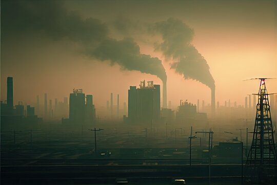 Working power plant producing pollution and smog in the city. Generative AI