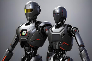 Two robots on a gray background. AI generated.