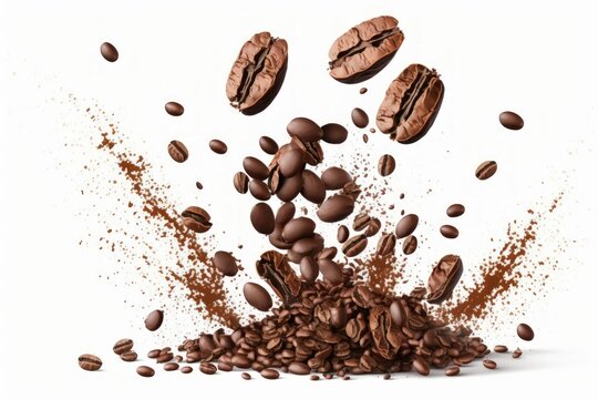 Roasted coffee beans in the air in a studio image, isolated on a white background, representing the idea of healthy products made with natural ingredients. Generative AI