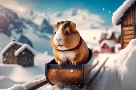 Happy guinea pig sledding on a wooden sled in the wintry village