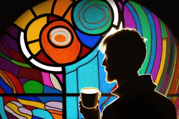Person holding cup of coffee and gazing out a brightly coloured stained glass window, concept of Contemplation and Awe, created with Generative AI technology