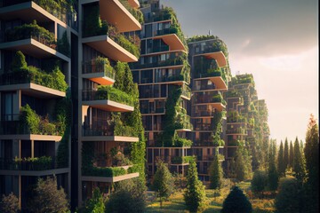 Green architecture concept art. Eco-friendly housing. Generative AI - obrazy, fototapety, plakaty