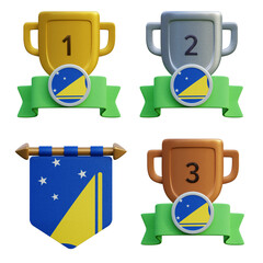 3d render, transparent game asset, pennant with national flag of Tokelau winner podium