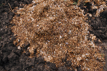 A large pile of manure, humus, fertilizer from leaves from the forest lies on the ground. Close-up photography, nature, background, top view, gardening.