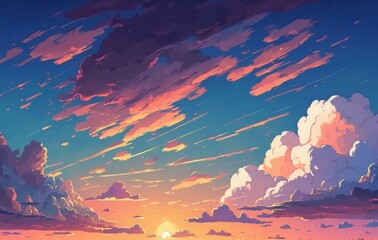 Huge Natural sky background Panoramic Sunrise Sundown Sanset Sky with colorful clouds, without any birds. Big size sky panoramic view. Generative AI