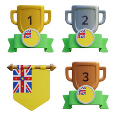 3d render, transparent game asset, pennant with national flag of Niue winner podium