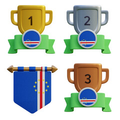 3d render, transparent game asset, pennant with national flag of Cape Verde winner podium