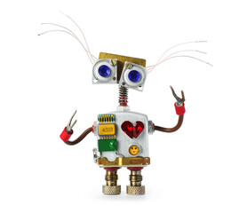 Funny robot toy with red heart. Friendly comical mechanical toy character.