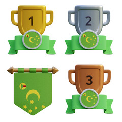 3d render, transparent game asset, pennant with national flag of Cocos Island winner podium