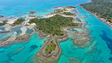 Aerial drone photo of paradise Mediterranean complex with crystal clear beaches and turquoise clear sea