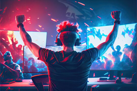 Professional esports winner player gamer celebrating his victory. Blue and pink colors. Generative AI Illustration
