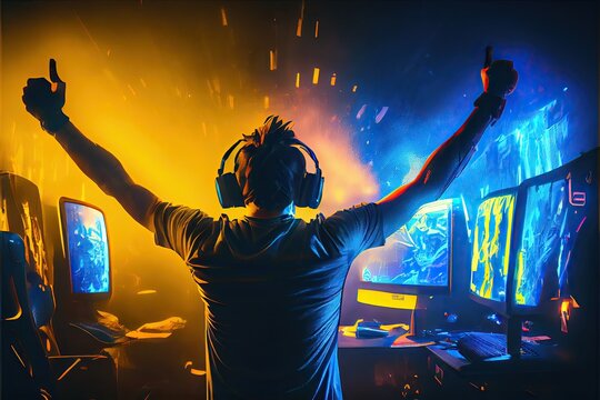 Esports winner gaming player celebrating his victory. Blue and yellow colors. Generative AI Illustration