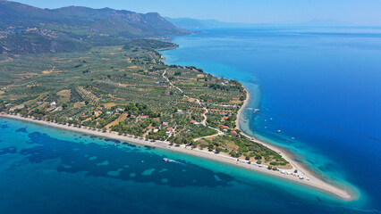 Aerial drone photo of sandy peninsula and area of Kavos in Northern Evia island, Greece