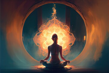 Meditating woman doing yoga in the lotus position. Fire in the background. Generative AI