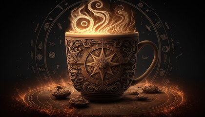 Cup of fire with zodiac signs. Generative AI - obrazy, fototapety, plakaty