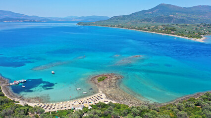 Fototapeta na wymiar Aerial drone photo of paradise island complex of Lihadonisia forming beautiful beaches and a blue lagoon, North Evia island, Greece