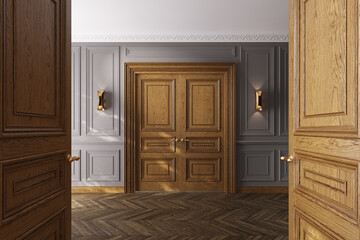 Neoclassical interior design. Luxury room with wooden oak doors, premium style.