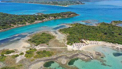 Aerial drone photo of Mediterranean paradise destination island complex with sandy organised beaches and turquoise clear sea