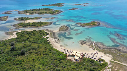 Aerial drone photo of paradise island complex of Lihadonisia forming beautiful beaches and a blue lagoon, North Evia island, Greece - obrazy, fototapety, plakaty