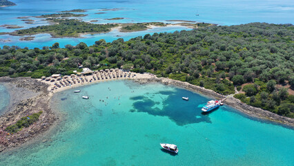 Aerial drone photo of Mediterranean paradise destination island complex with sandy organised beaches and turquoise clear sea