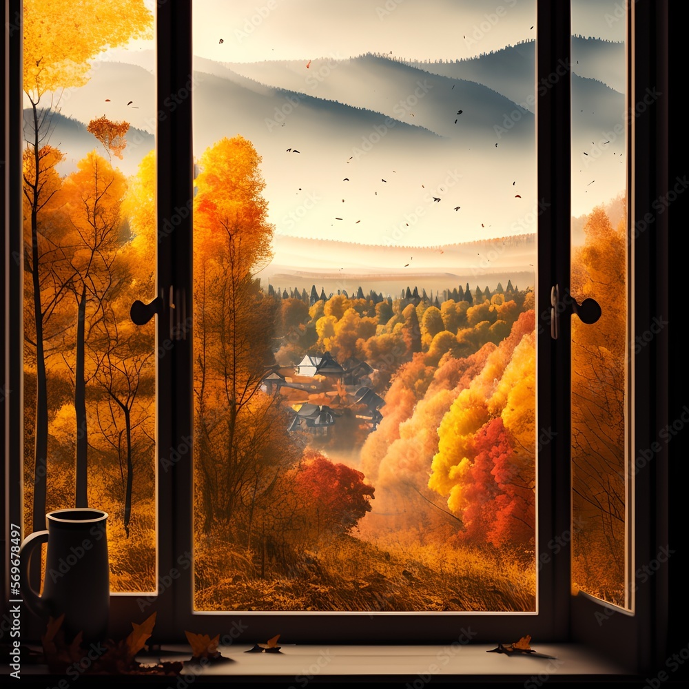 Wall mural View from Window of Autumn Landscape, Generative AI Illustration