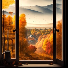 View from Window of Autumn Landscape, Generative AI Illustration