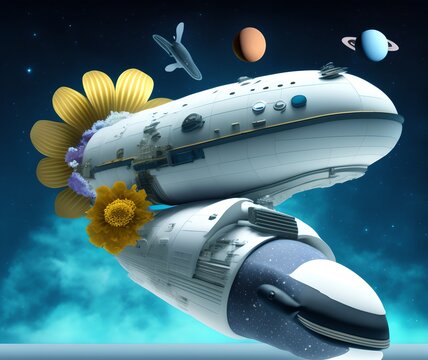 Spaceship on Infinite Improbability Drive with Whale and Flower, Generative AI Illustration