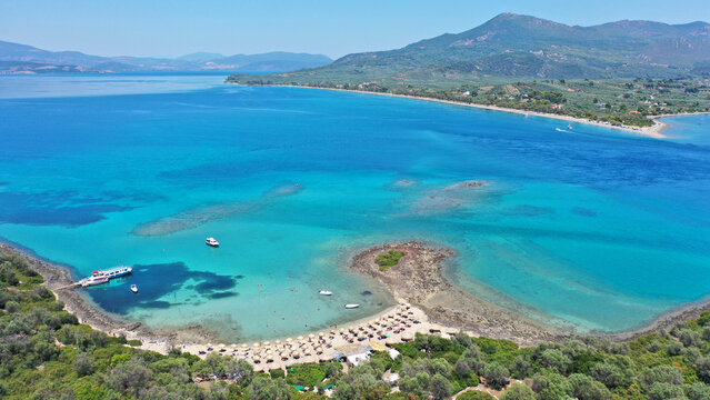 Aerial drone photo of paradise island complex of Lihadonisia forming beautiful beaches and a blue lagoon, North Evia island, Greece