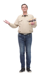 Portrait of an attractive casual man giving present box and looking at camera