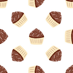 Seamless pattern with delicious chocolate cupcake in cartoon style. Vector background with sweets, dessert, pastries