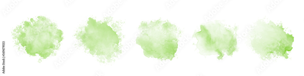 Wall mural Set of abstract green watercolor water splash on a white background. Vector watercolour texture in salad color. Ink paint brush stain. Green splatters spot. Watercolor pastel splash