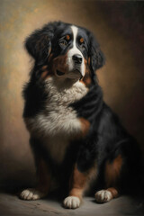 A portrait of a Bernese Mountain Dog.  This animal is  a large breed of Sennenhund-type dog. The breed originated in Bern, Switzerland and the Swiss Alps. Generative Ai
