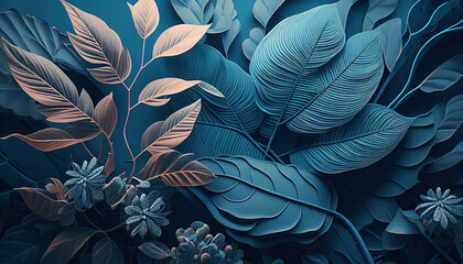 Delicate pastel blue leaves of jungle plants. Floral tropical pattern for wallpaper. AI generative illustration.