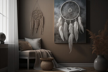 Beautiful home interior with white and beige tones, with dream catchers, dry flowers and armchair. AI generated