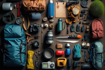 Essential Gear, Equipment and Accessories for Mountain Trips: Top View of Large Group Camping and Hiking. Photo AI
